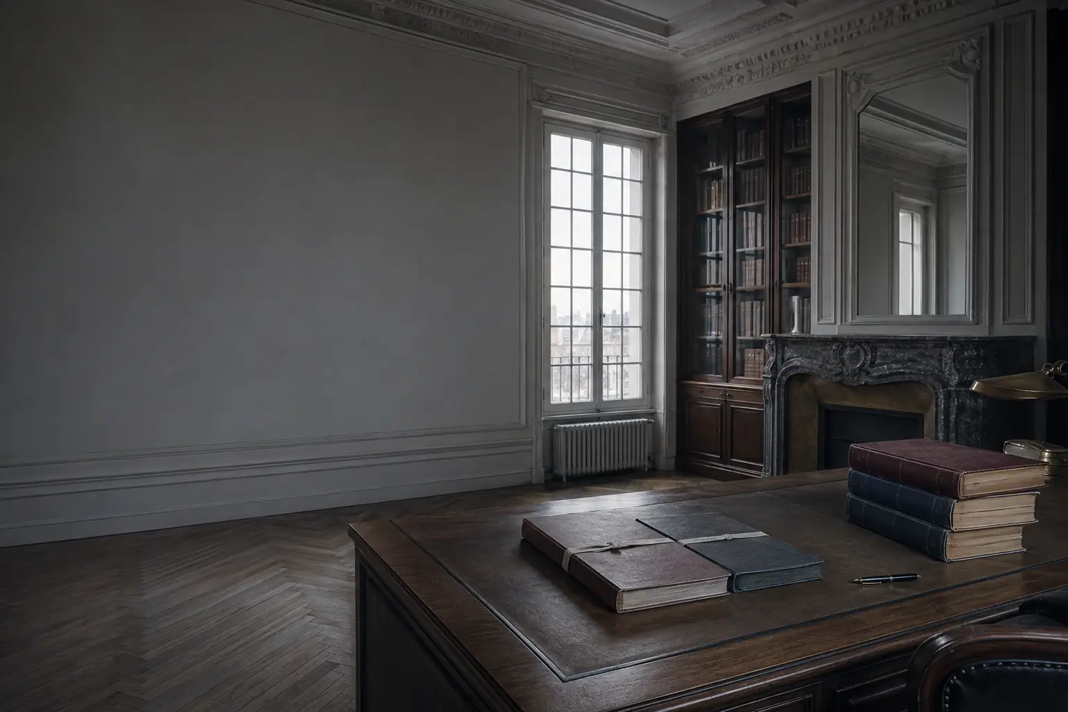 Bureau d'un cabinet d'avocat dans un appartement haussmannien : dossiers fermés par une sangle, cheminée de marbre, parquet à point de Hongrie.