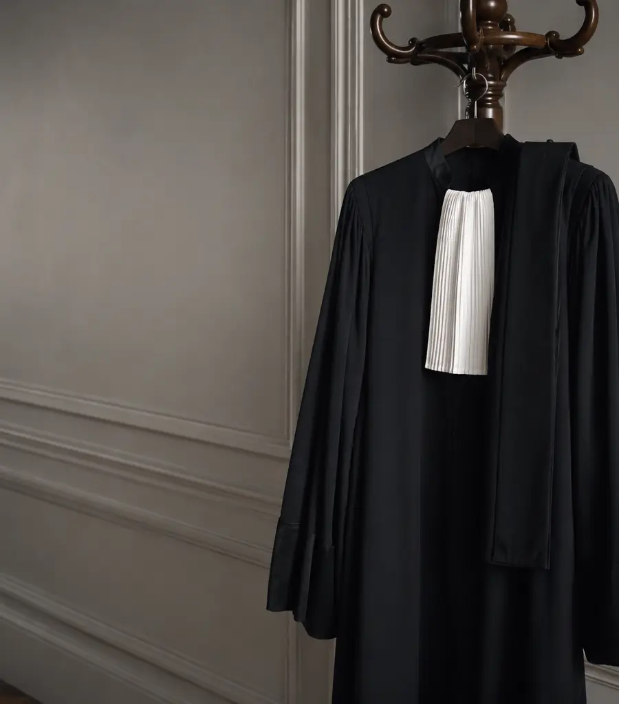 Une robe d'avocat noire à rabat blanc, suspendue à un portemanteau dans un couloir à moulures.