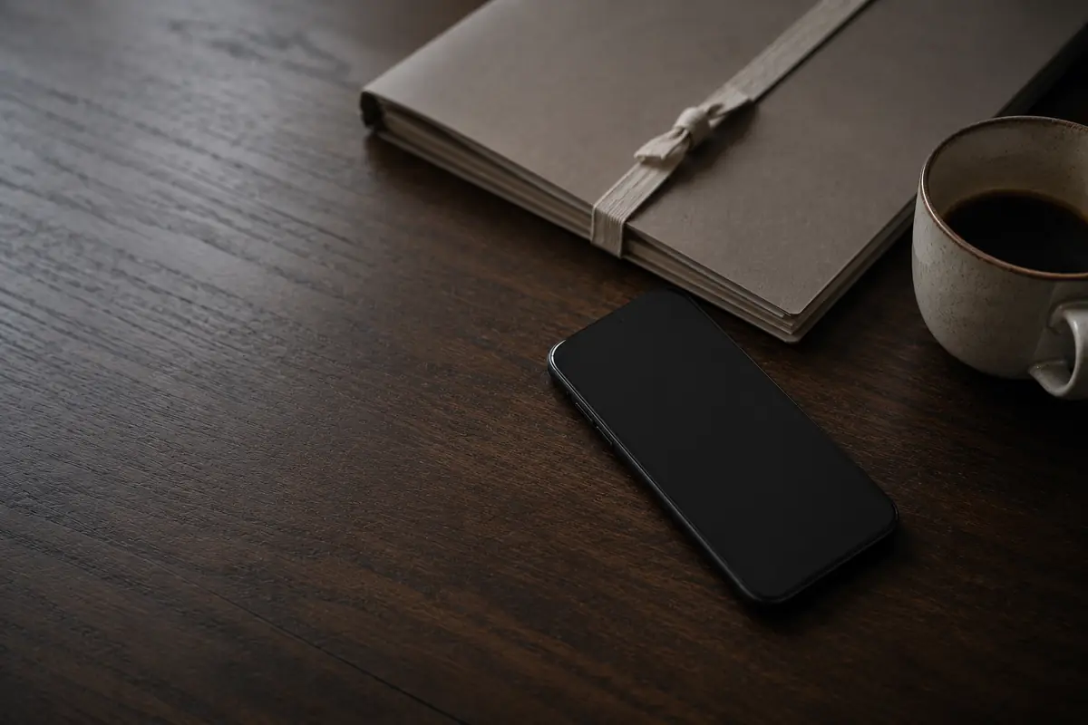 Un téléphone posé écran éteint sur un bureau en bois sombre, à côté d'un dossier fermé par une sangle et d'une tasse de café.